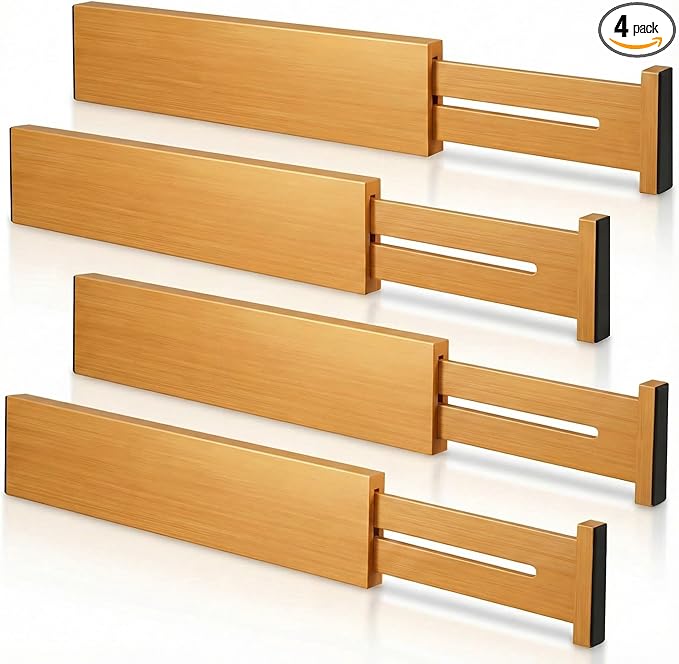 4 Pack Bamboo Kitchen Drawer Dividers 2.6" High, Adjustable from 12 Inch to 17 Inch Drawer Organizers, Expandable Drawer Separators for Clothes, Bedroom, Dresser, Office (Beige)