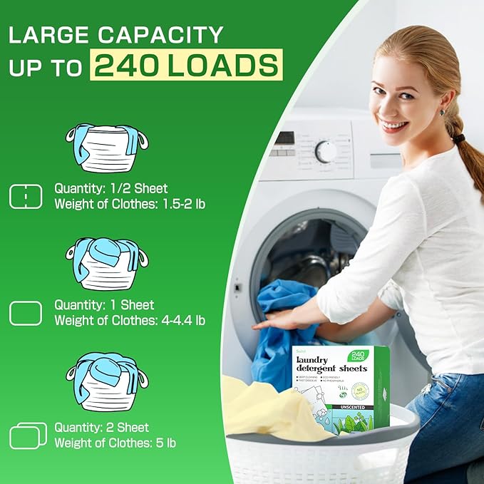 Soulink Laundry Detergent Sheets Unscented 240 Loads，Eco Friendly Detergent Sheets for Travel & Home - No Plastic Jug Liquidless Soap Strips, Plant-based, Hypoallergenic. Safe for Sensitive Skin