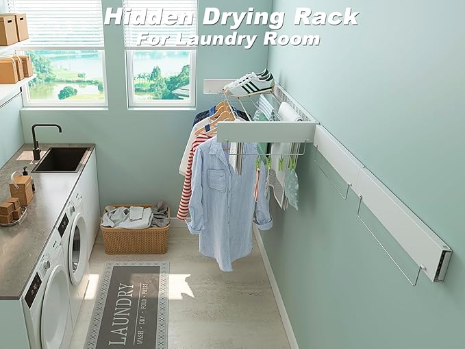 Wall Mounted Hidden Clothes Drying Rack - Pull-Out Laundry Organizer with 5 Stainless Steel Rods - Collapsible & Foldable for Laundry Room/Bathroom - Heavy Duty & Space Saving (31.5", White)