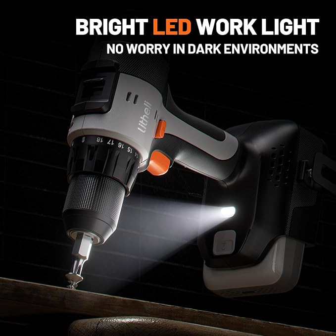 Litheli 20V Cordless Drill Driver, 1/2" Keyless Chuck, 2-Speed Electric Power Drill with 21+1 Torque Settings, Max 443 In-lbs, Battery Powered Drill for DIY, Woodworking & Home Projects