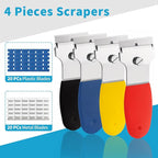 4 Pack Razor Blade Scraper, with 20 Metal & 20 Plastic Blades, Multi-Purpose Cleaning Remover Tool for Glass Caulk, Adhesive, Wall, Stovetop, Paint, Window, Sticker, Tile, Label Decals