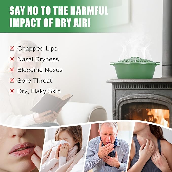 G GOOD GAIN Wood Stove Steamer - Cast Iron Stove Humidifier with Large Opening Top | Oval Bowl Fire Place Stove Pot for Home Heating Decorative | Matte Finish & 2.7 Quart, Green