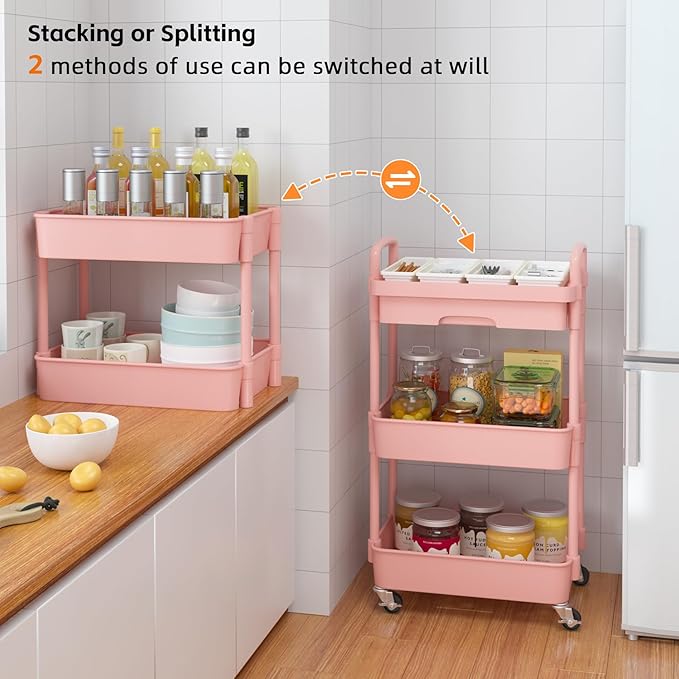 Calmootey 3-Tier Rolling Utility Cart with Drawer,Multifunctional Storage Organizer with Plastic Shelf & Metal Wheel,Storage Cart for Kitchen,Bathroom,Living Room,Office,Pink