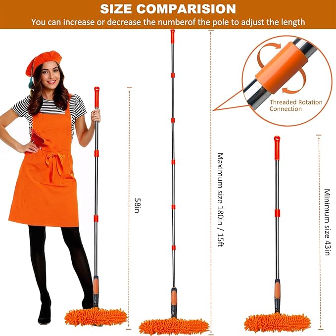 20 ft+ Reach Squeegee Window Cleaner Duster 2 in 1 Rotatable Window Cleaning Tool Kit with 3-14 ft Extension Pole, Window Washing Equipment for Indoor Outdoor Window Car Glass - 3 Pads