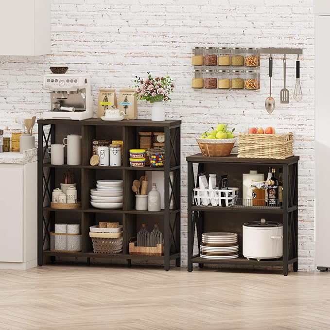 FATORRI 9 Cube Storage Bookshelf, Modern 4 Shelf Book Shelf, Wood and Metal Cubby Bookcase for Home Office (39.38 Inch W, Walnut Brown)