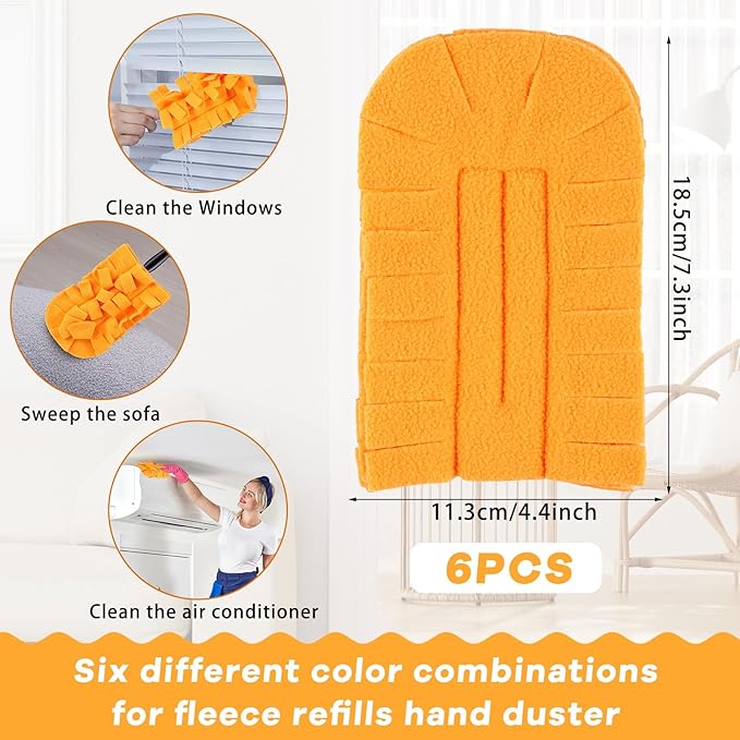 Zubebe 6 Pcs Duster Refill Reusable Fleece Duster Refills Feather Flat Dusters Multi Surface Washable Cleaning Pads Tools for Home, Blinds, Car, Pet, Furniture, Fans (Orange)