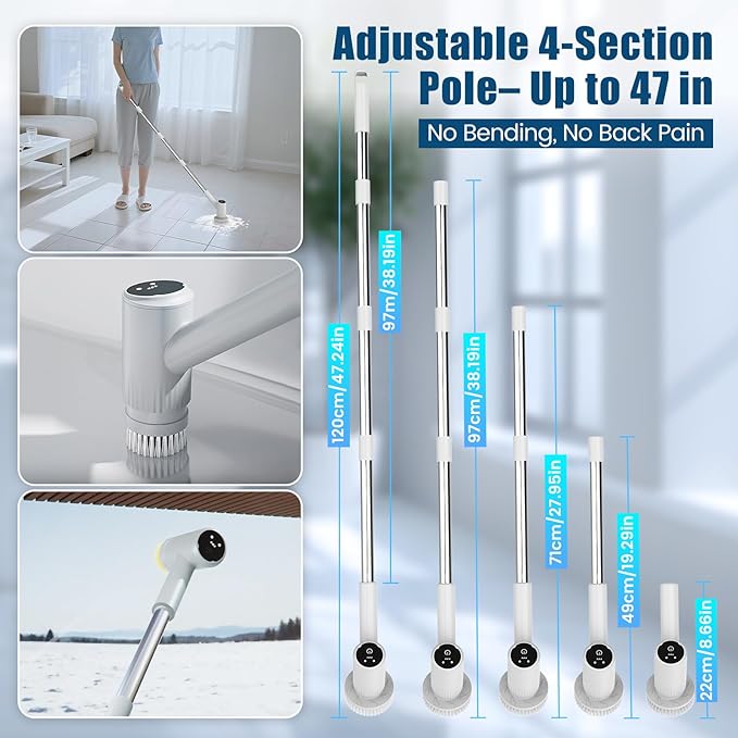 AIRROBO Electric Spin Scrubber, Cordless Electric Scrubber for Cleaning, 300 Mins Runtime, 6 Brush Heads, 47" Adjustable Handle, IPX7 Waterproof for Bathroom, Kitchen, Floors, Tiles, Car Cleaning