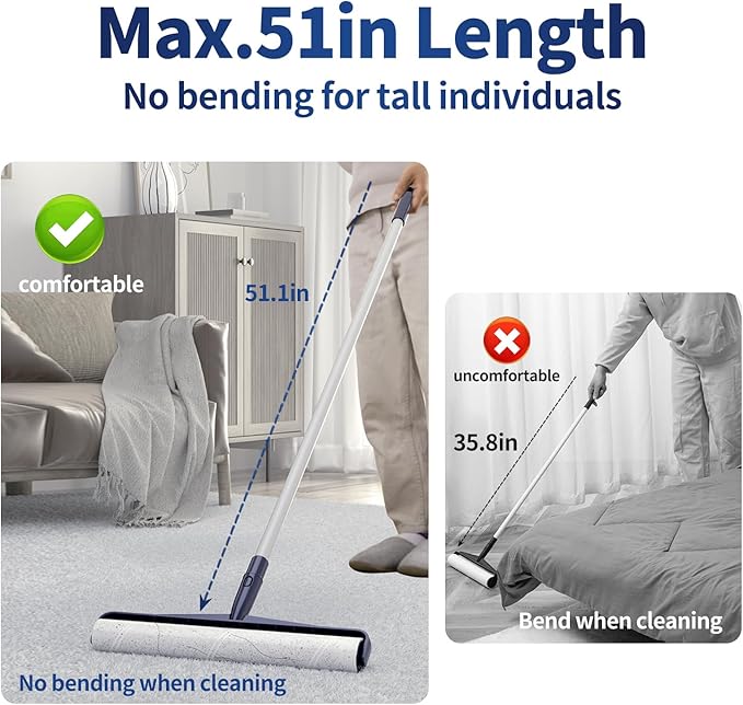 13.8in Large Size Floor Lint Rollers for Pet Hair Extra Sticky 51.2in Long Handle Giant Big Hair Picker Upper from Sticky Mop for Cleaning Dog Cat Hair Animal Fur Removal Roller Couch Bed Sheet Carpet