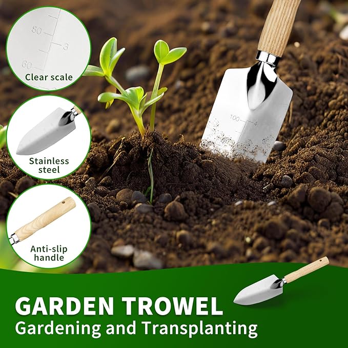 Garden Tool Set, 5 Pcs Gardening Tool Set with Weeder Puller, Dibber, Transplanter, Big Trowel, 5-Claw Cultivator - Wooden Handle Stainless Steel Gardening Hand Tools (ash Wood)