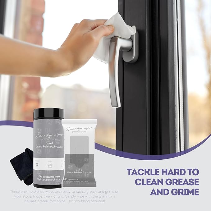 Swanky Stainless Steel Cleaner Wipes Bundle - Grime & Grease Remover Kitchen Cleaning Supplies - Clean & Shine for Stove, Refrigerator, Sink, Oven & Appliances - Soft Wipes (30 Ct) & Canister (50 Ct)