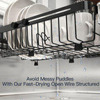 MAJALiS Expandable Stainless Steel Over The Sink Dish Drying Rack for Small Kitchen Counter Space Saving, Compact RV Plate Drainer Strainer in Black Wire Metal with Hanging Adjustable Utensil Holder