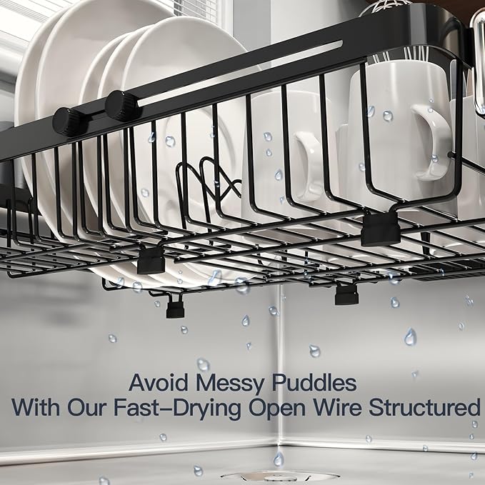 MAJALiS Expandable Stainless Steel Over The Sink Dish Drying Rack for Small Kitchen Counter Space Saving, Compact RV Plate Drainer Strainer in Black Wire Metal with Hanging Adjustable Utensil Holder