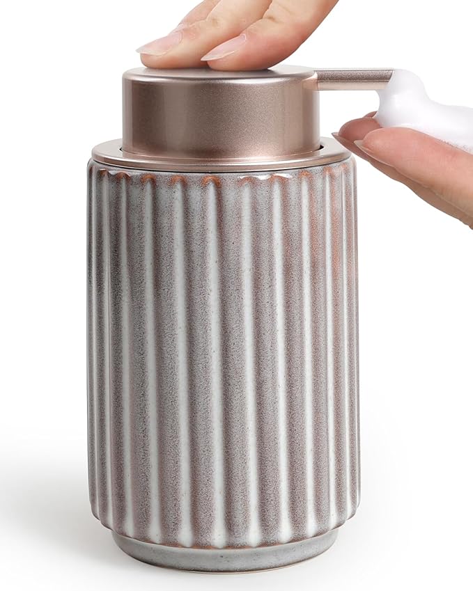 Foaming Soap Dispenser, Ceramic Refillable Foam Hand Soap Pump for Bathroom and Kitchen, Lotion Dispenser, Brown Foaming Dish Soap Dispenser, Modern Stripe Design, ANTIS'S HOME