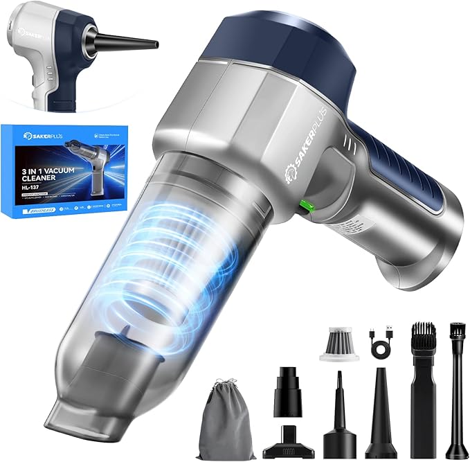 Mini Vacuum Cleaner, 3 in 1 Car Vacuum Cleaner High Power, 15000PA Powerful Suction, Air Duster, 7500mAh, Dual Filter,Adjustable Small Vaccum Portable Cordless for Cars,Desktop - Deep Blue