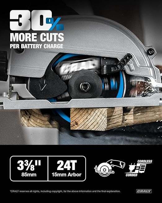 CRALY 3-3/8 Inch 24&36 Teeth Wood Cutting Framing/Fine Finish Circular Saw Blade, 15mm Arbor, Carbide Tipped, Thin Kerf, Black Ice™ Coating, for Plywood, MDF, OSB, Laminated, 2-Pack(C032436-2)