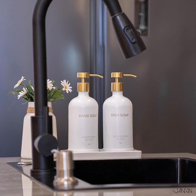 Glass Soap Dispenser Set with Ceramic Tray, 16.9 floz Hand and Dish Soap Dispenser for Bathroom Decor, White and Gold Kitchen Accessories (White Bottles + Gold Pumps)