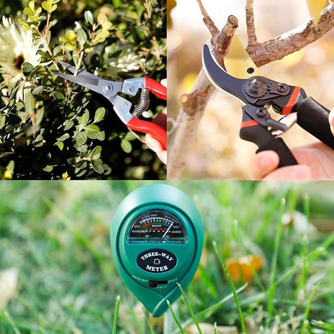 Bypass Pruning Shears Set with Garden Snips and Soil Moisture Meter – Premium Titanium Pruning Shears Heavy Duty, Micro-Tip Flower Shears – Professional Pruning Shears for Gardening