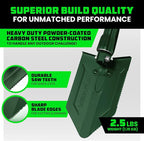 RHINO USA Folding Survival Shovel w/Pick - Heavy Duty Carbon Steel Military Style Entrenching Tool for Off Road, Camping, Gardening, Beach, Digging Dirt, Sand, Mud & Snow - Green