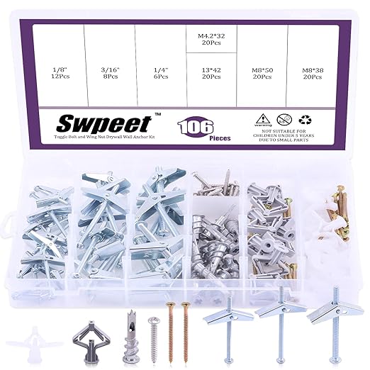 Swpeet 106Pcs Toggle Bolt and Wing Nut with Hollow-Door Drywall Toggle Anchors Assortment Kit, Zinc Hollow-Wall Anchor Self-Drilling Drywall Anchors with Phillips Screws - 1/8 Inch, 3/16Inch, 1/4Inch