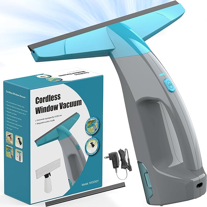Window Vacuum, Power Window Squeegee 11", Rechargeable Window Vac with Spray Bottle, Electric Cleaning Tool for Showers, Mirrors, Glass, 2200mA, 200ml Water Tank