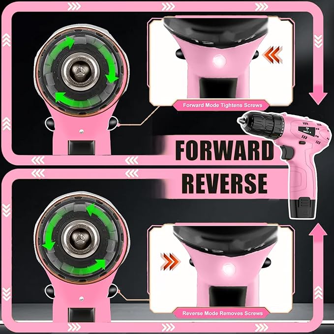 Tegatok Cordless Drill Set,12V Power Drill Set with Battery and Charger, Electric Driver Drills Bits, 3/8'' Keyless Chuck,18+1 Torque Setting with LED Electric Drills Set, Pink