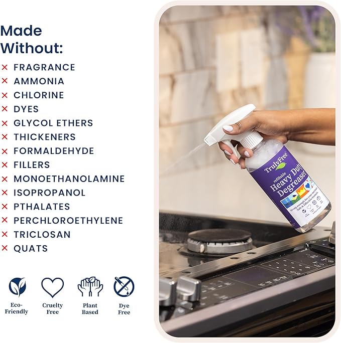 Heavy Duty Degreaser- Grease Remover & Grime Cleaner for Kitchen, Automotive & More, Household Cleaning Supplies, Fragrance-Free, Includes 16 oz Reusable Empty Bottle & 2 Refills (4 oz)