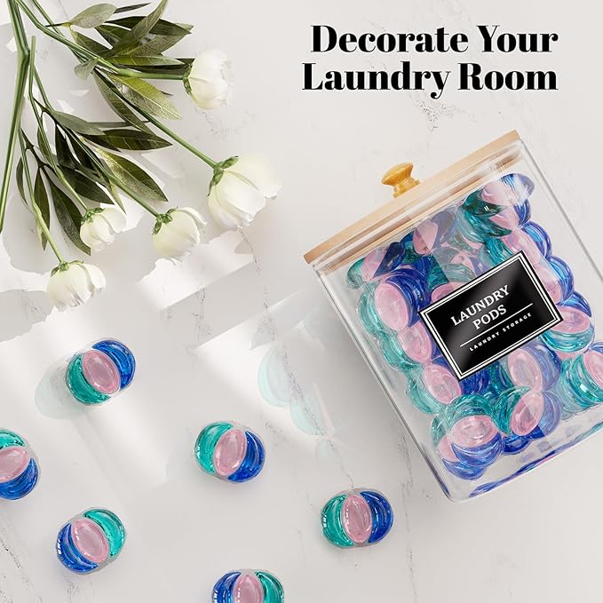 HomePekite 4 Pack Glass Laundry Pods Container, Clear Laundry Room Organization Containers with Lids & Labels, Powder Laundry Detergent Container for Scent Booster, Powder