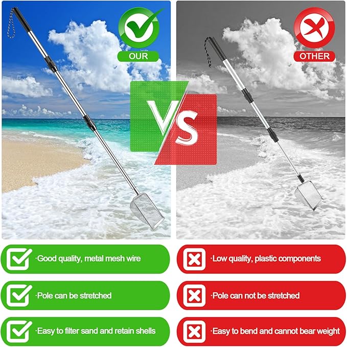 POILKMNI New Upgraded 2 Pcs Shark Tooth Sifter with Seashell Bags, Beach Sand Sifter, Sand Scoop Shell Scooper for Beach Scoop Shovel Sifter Tool for Picking Up Shells, Shark Tooth Sifter Dipper