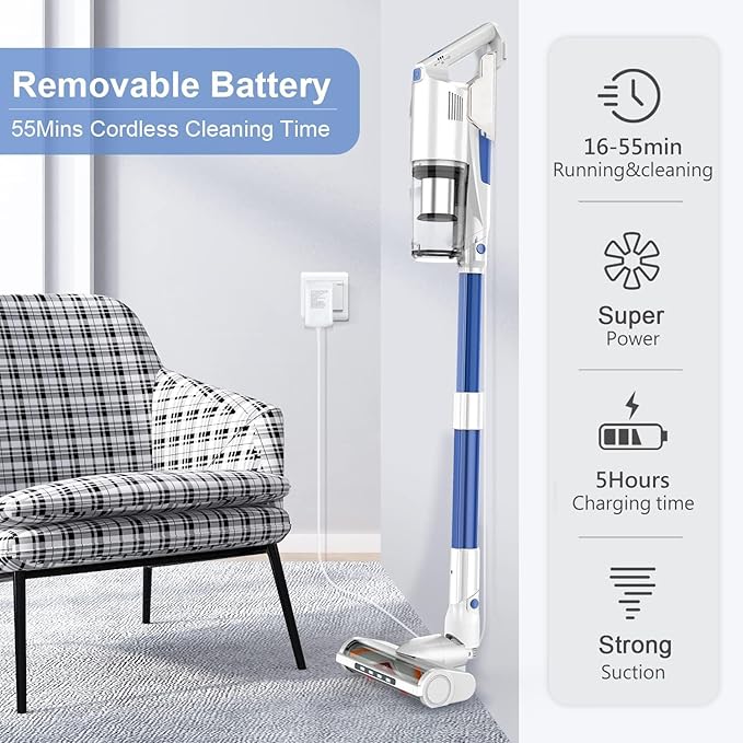 Whall Cordless Vacuum Cleaner, Lightweight Stick Vacuum with 55mins Runtime, Powerful Suction, Rechargeable Cordless Vacuum for Carpet, Tile, Pet Hair, Hardwood Floors,Brushless Motor.White