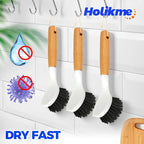 Holikme 3 Pack Cast Iron Brush and Scraper with Bamboo Handle – Skillet Scrubber with Tough Nylon Bristles, Kitchen Cleaner for Cleaning Skillet, Grill Pan, Dark Gray