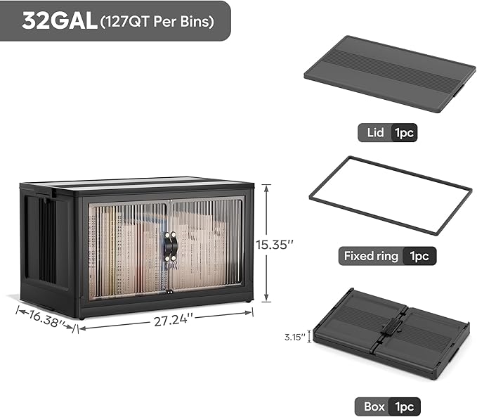 Jalove 30Gal Large Storage Bins with lids, 120QT Plastic Stackable Storage Containers with Wheels, Collapsible Closet Organizer and Storage Drawers,Clothes Organization for Cabinet Home, 1Pack Black