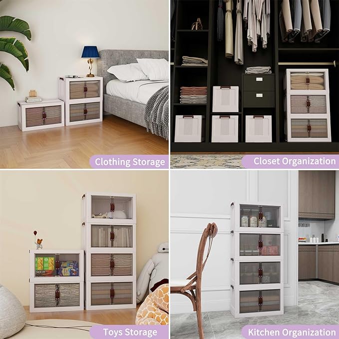 Luxdecor Plastic Storage Bins With Lids-Stackable Plastic Storage Bins on Wheels, Closet Organizers and Storage Cabinet with Doors,Larger 4Tier