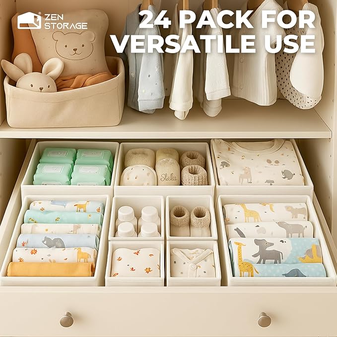 Sturdy Drawer Organizers (24-Pack) - Fabric Dresser Drawer Organizers & Dividers for Nursery Organization, Baby Organizers and Storage for Clothes, Socks & Underwear, White