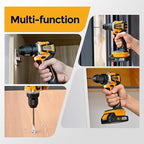 Brushless Motor Tool Kit Set: Yellow 21V Cordless Drill, Power Drill Tool Box,3/8" Keyless Chuck, 2 Variable Speeds, with Battery and Charger Included