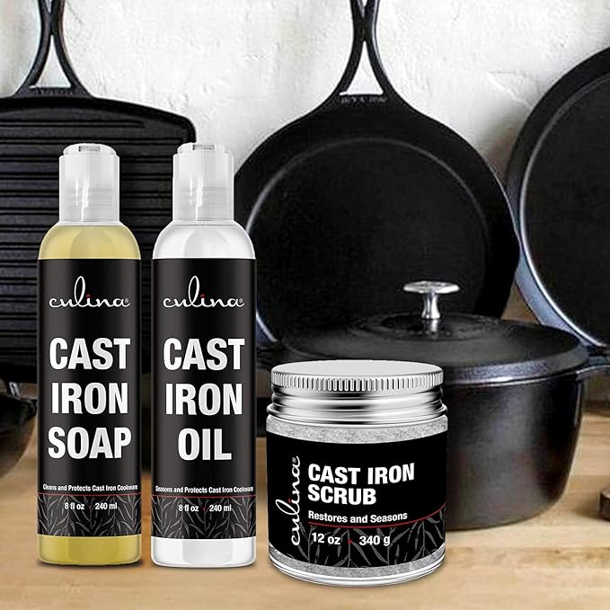 Culina Supreme Cast Iron Care Set: Restoring Scrub, Cleaning Soap & Conditioning Oil | Best for Cleaning Care, Washing & Restoring | 100% Plant-Based | for Cast Iron Cookware, Skillets, Pans & Grills!