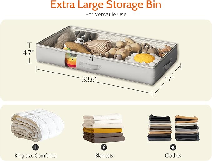 Under Bed Storage Containers with Window, Closet Organizers and Storage Bags, Foldable Underbed Storage Bags for Blankets, Clothing, Comforter, Linen Sheets, Wrapping Paper, 1 Pack, Grey