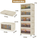 5 Tier Stackable Plastic Storage Bins with Lids 58QT, Collapsible Closet Organizers and Storage with Wheels for Living Room,Office,Dorm