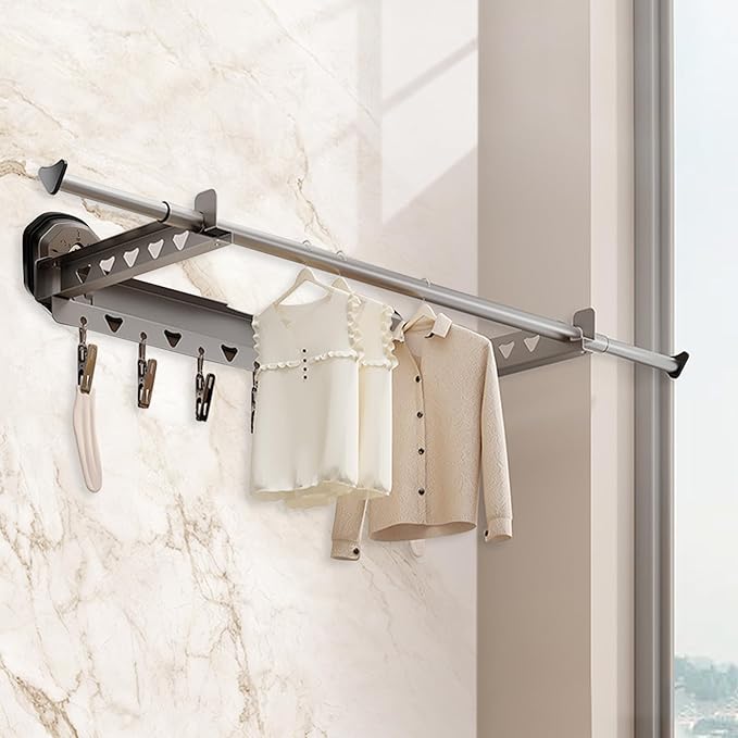 Extendable Clothing Dryer Rack, Invisible Folding Storage, Wall Mounted Drying Rack, Strong Suction Power, for Bed Linen, Clothing, Foldable Bathroom Wall Shelf (Curry Grey)