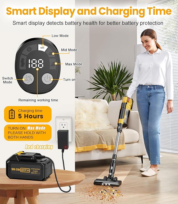 8000mAh Cordless Vacuum with Extra Battery, 700W Brushless Vacuum Cleaners for Home, 6 in 1 Electric Stick Vacuum withwith Hepa Filter, Best Cordless Vacuum for Pet Hair /Carpet Hardwood Floor/Dorm