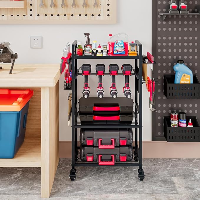 Large Power Tool Organizer Cart, Garage Floor Standing Rolling Drill and Tools Battery Storage Cart on Wheels, Heavy Duty Utility Rack Shelf,Utility Rack Gift for Men, Husband, Father.