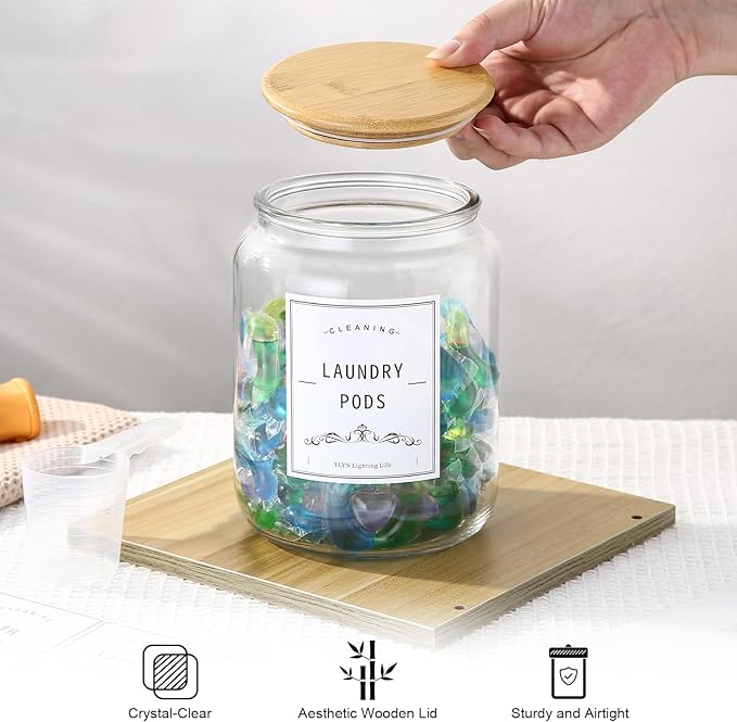 Laundry Pods Container With Airtight Bamboo Lid,Glass Jars for Laundry Room Organization Jar. Dishwasher pods container.1/2 Gallon Laundry Jars for Detergent Powder,Scent Boosters,Laundry Room Storage