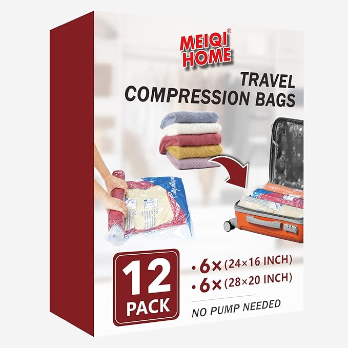 MEIQIHOME Vacuum Storage Bags, Space Saver Sealer Bags for Clothing, Pillows, Comforters, Blankets, Bedding, Travel, 12 Roll Bags, PA+PE Material