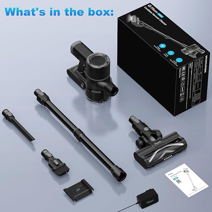 Tikom Cordless Vacuum Cleaner for Home, 40000Pa/450W Stick Vacuum with Charging Wall Dock, Anti-Tangle, Lightweight Handheld Vacuum for Pet Hair, Hard Floor, Carpet, V450