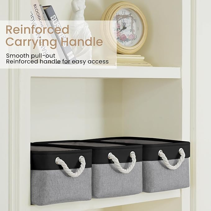 Storage Baskets for Shelves 13.8x9.8x6.7 Inch-Foldable Fabric Organizing Storage Bins with Handles, Closet & Bathroom Organizer, Home Storage for Kitchen, Office (3-Pack, Black&Gray)