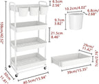 JIUYOTREE 4-Tier Plastic Rolling Storage Cart Utility Cart with Extra Hanging Cups Handles Lockable Wheels for Living Room Bathroom Kitchen Office White