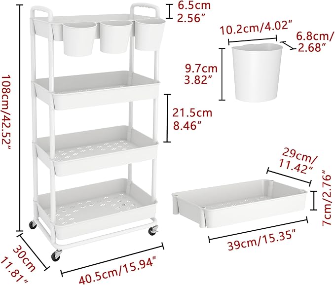 JIUYOTREE 4-Tier Plastic Rolling Storage Cart Utility Cart with Extra Hanging Cups Handles Lockable Wheels for Living Room Bathroom Kitchen Office White