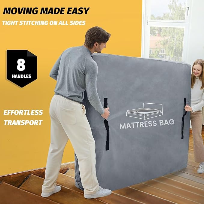Mattress Bags for Moving and Storage, BETU Full Size Waterproof Mattress Protector Mattress Cover with 8 Heavy Duty Handles and Zipper Extra Thick Moving Supplies for Bed Reusable (77x57x13.5 Grey)