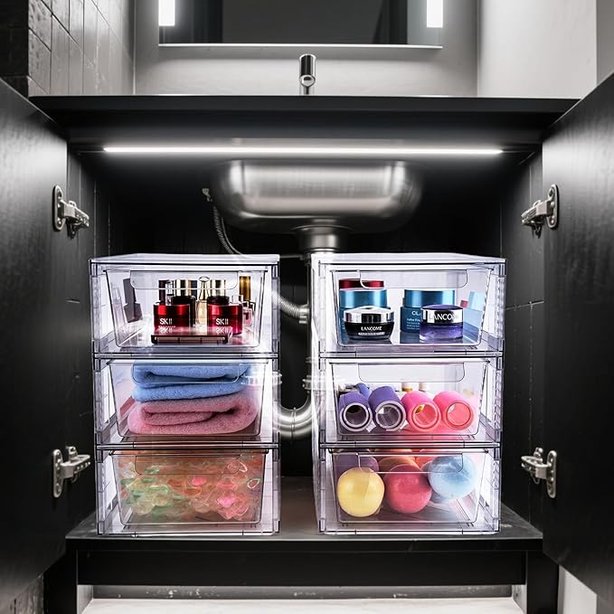 6 Pack Clear Stackable Storage Drawers, 3.95" H Easily Assemble Acrylic Organizer Bins - Multi-Use for Make up, Closet, Pantry, Bathroom, Medicine, Kitchen Cabinet & Undersink Organization