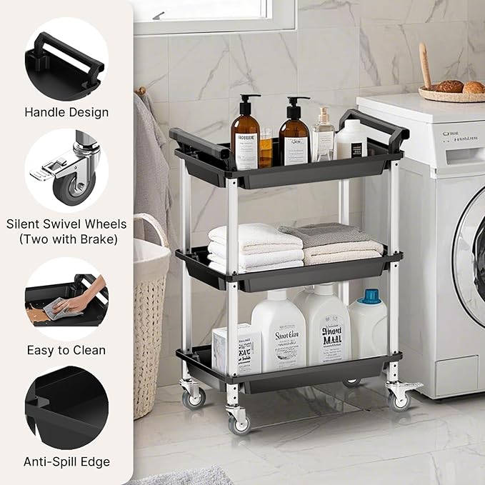 3 Tier Rolling Cart,Plastic Utility Cart with Handle,Rolling Carts with Wheels,Utility Cart with Lockable Casters, Multi-Functional Organizer Cart for Bedroom, Living Room, Kitchen,Office(Black)