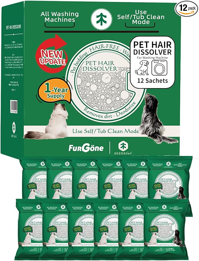FURGONE by Seedshub Upgraded Pet Hair Dissolver Pro Washing Machine Cleaner Powder, Deep Cleaning Pet Bedding, 100g, 12 Sachets, Dog Cat Hair | Stain | Odor Remover for Laundry, No More Fur